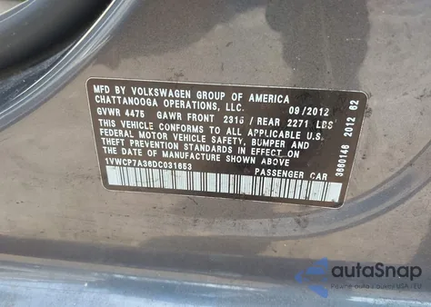 2013 Volkswagen Passat 2.5L Sel from USA, damaged, VIN 1VWCP7A36DC031653